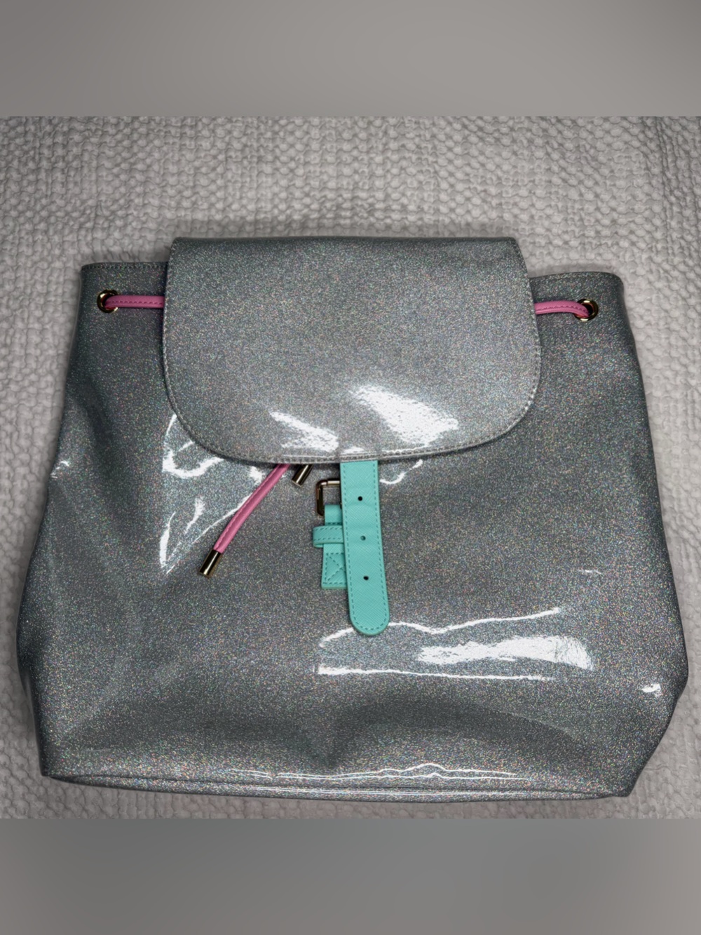 Stoney Clover Lane Holographic Silver Tote with Mint Strap & Pink Drawstrings